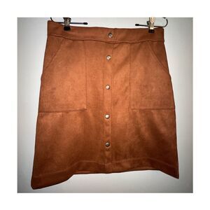 Faux Suede Brown Button Front A-Line Short Skirt Pockets L YTK 90s
